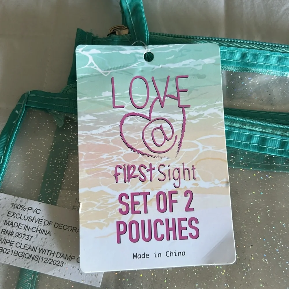 LOVE @ FIRST SIGHT Pouch Set 2 Piece Travel Set CLEAR Zipper Top PVC Plastic